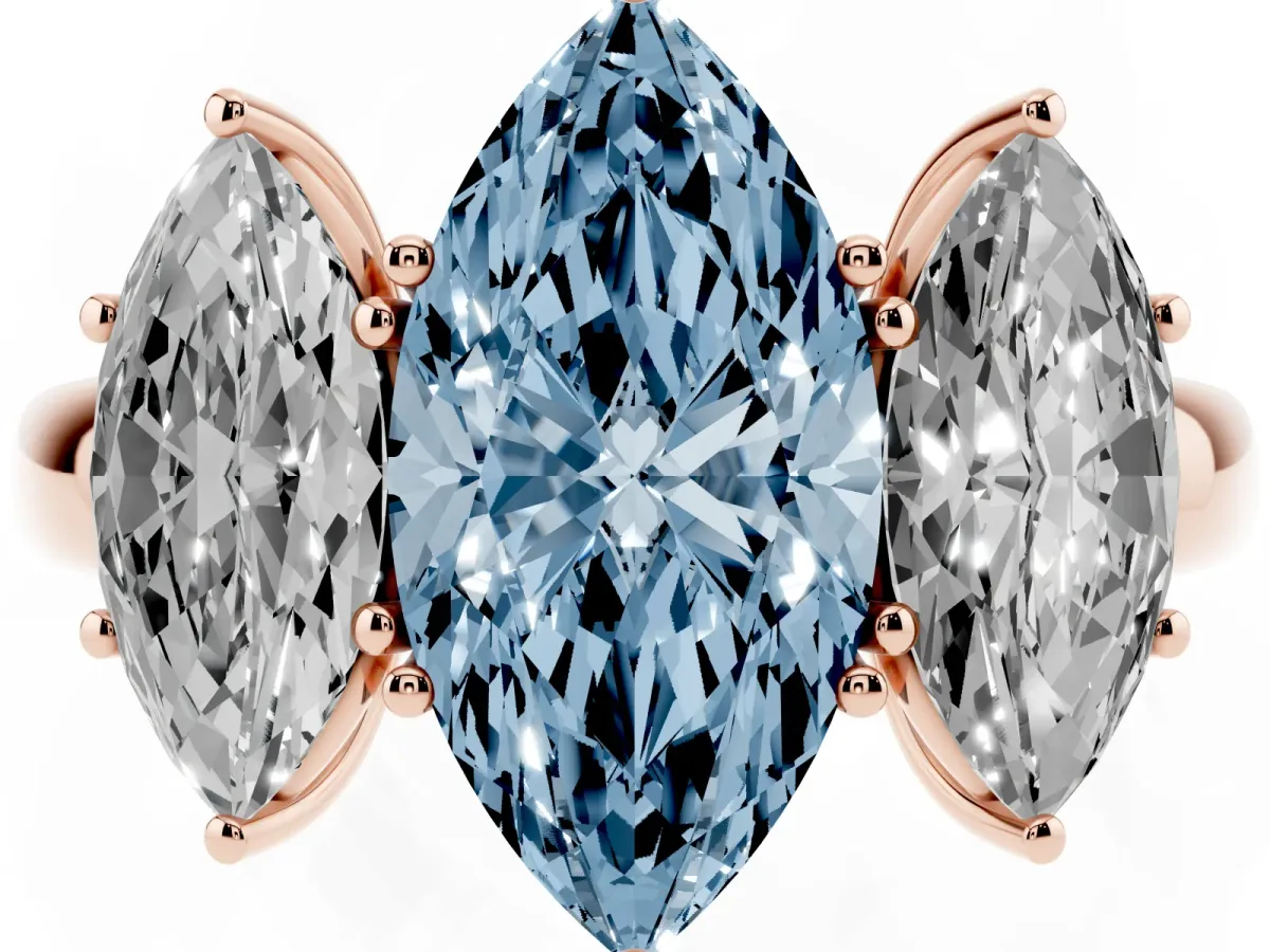 Fancy Blue Marquise Cut Diamond Three-Stone Ring with Four-Prong Setting and Classic Band Rose gold