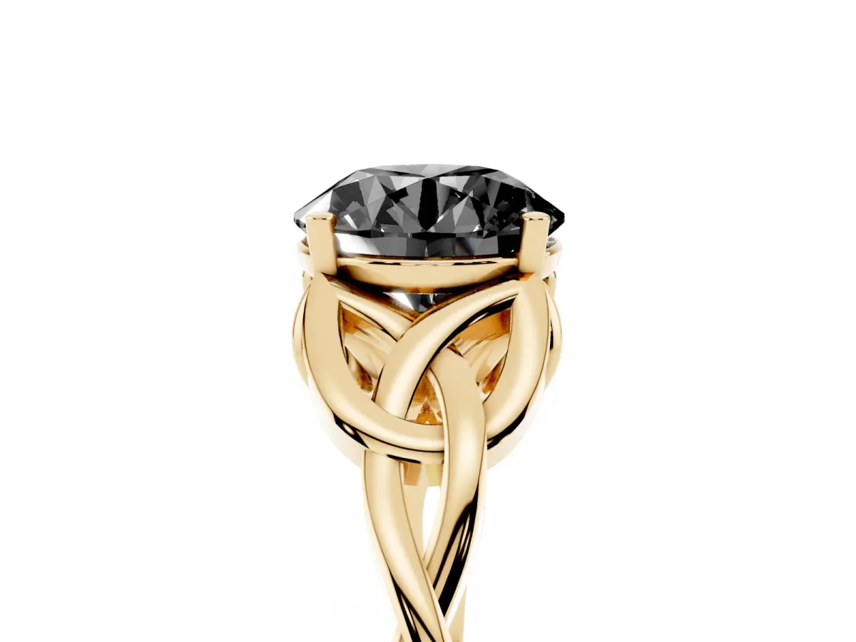 Fancy Black Round Cut Diamond Solitaire Engagement Ring with Celtic Knot Band and Four-Prong Setting Yellow gold