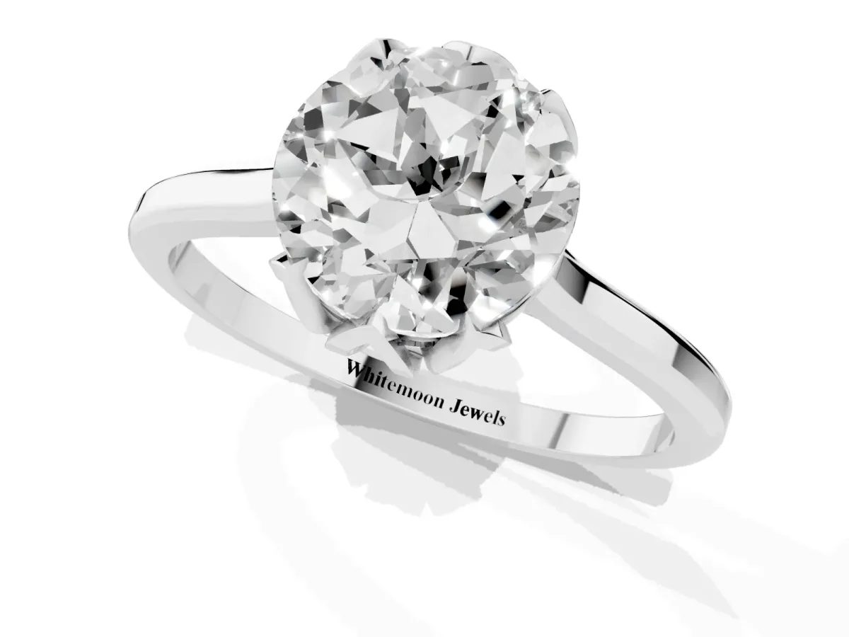 Round Cut Diamond Solitaire Ring with Flower Prong Setting and Classic Band Silver