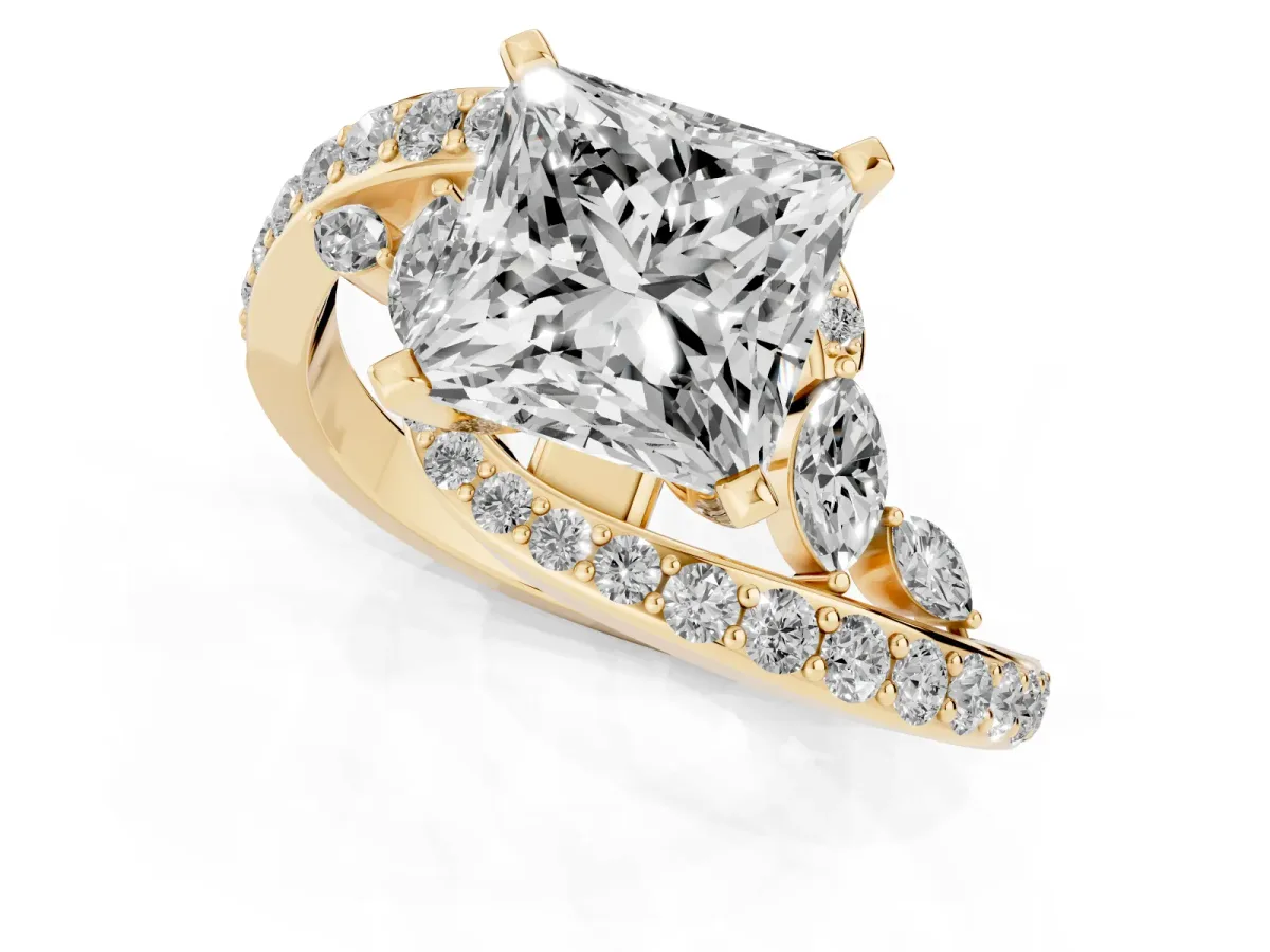 Princess Cut Solitaire with Pavé Twist Band and Four-Prong Setting Yellow gold
