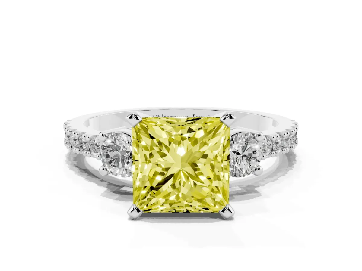 Fancy Yellow Princess Cut Three-Stone Diamond Pavé Band with Prong Setting Silver