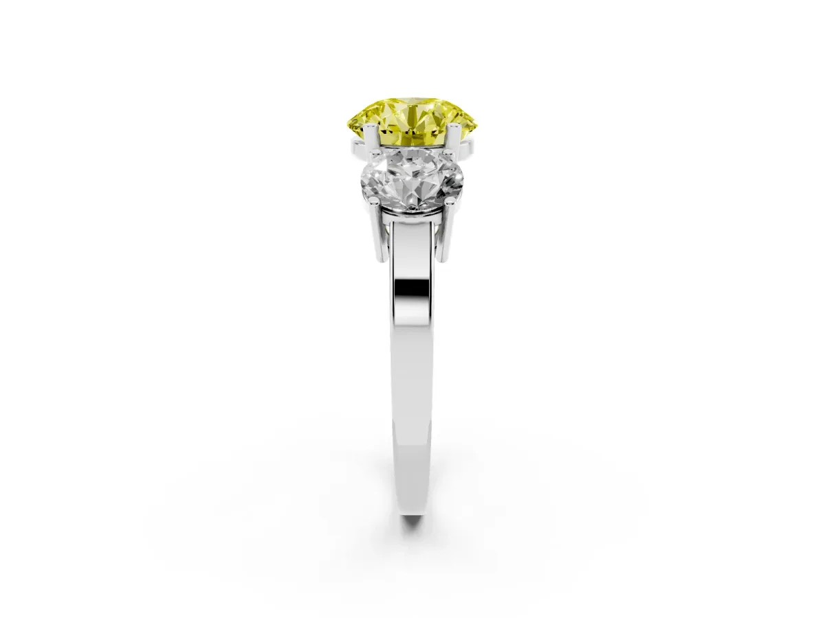 Fancy Yellow Three-Stone Round Cut Cut Diamond Engagement Ring with Flat Band and Four-Prong Setting Silver
