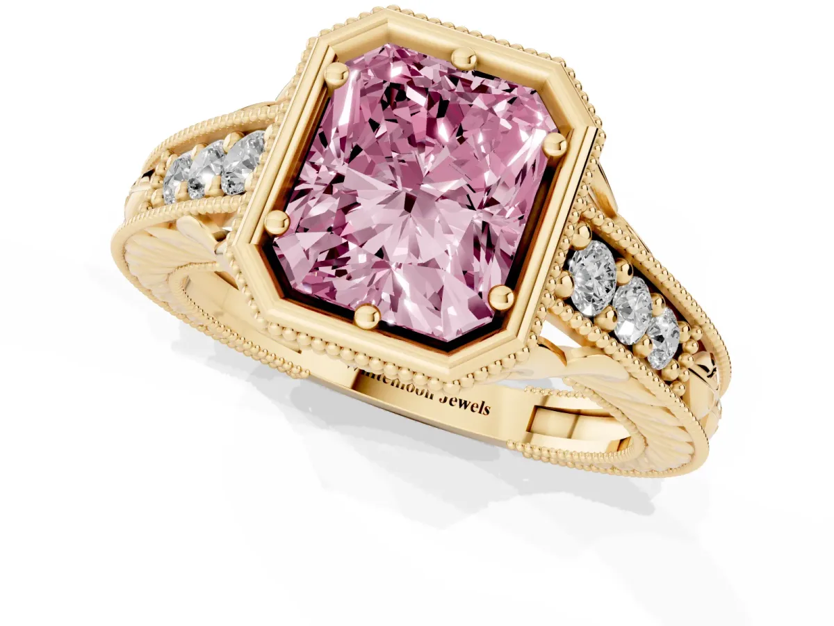 Fancy Pink Bezel Set Radiant Cut Diamond Milgrain Pave Engagement Ring Yellow gold