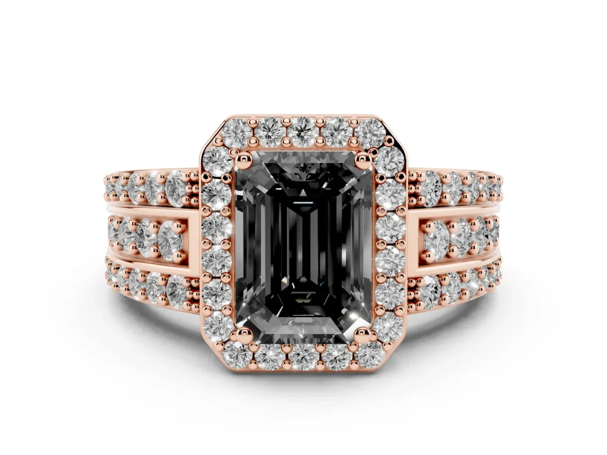Fancy Black Emerald Cut Halo Diamond Ring with Round Split Shank and Prong Setting Rose gold