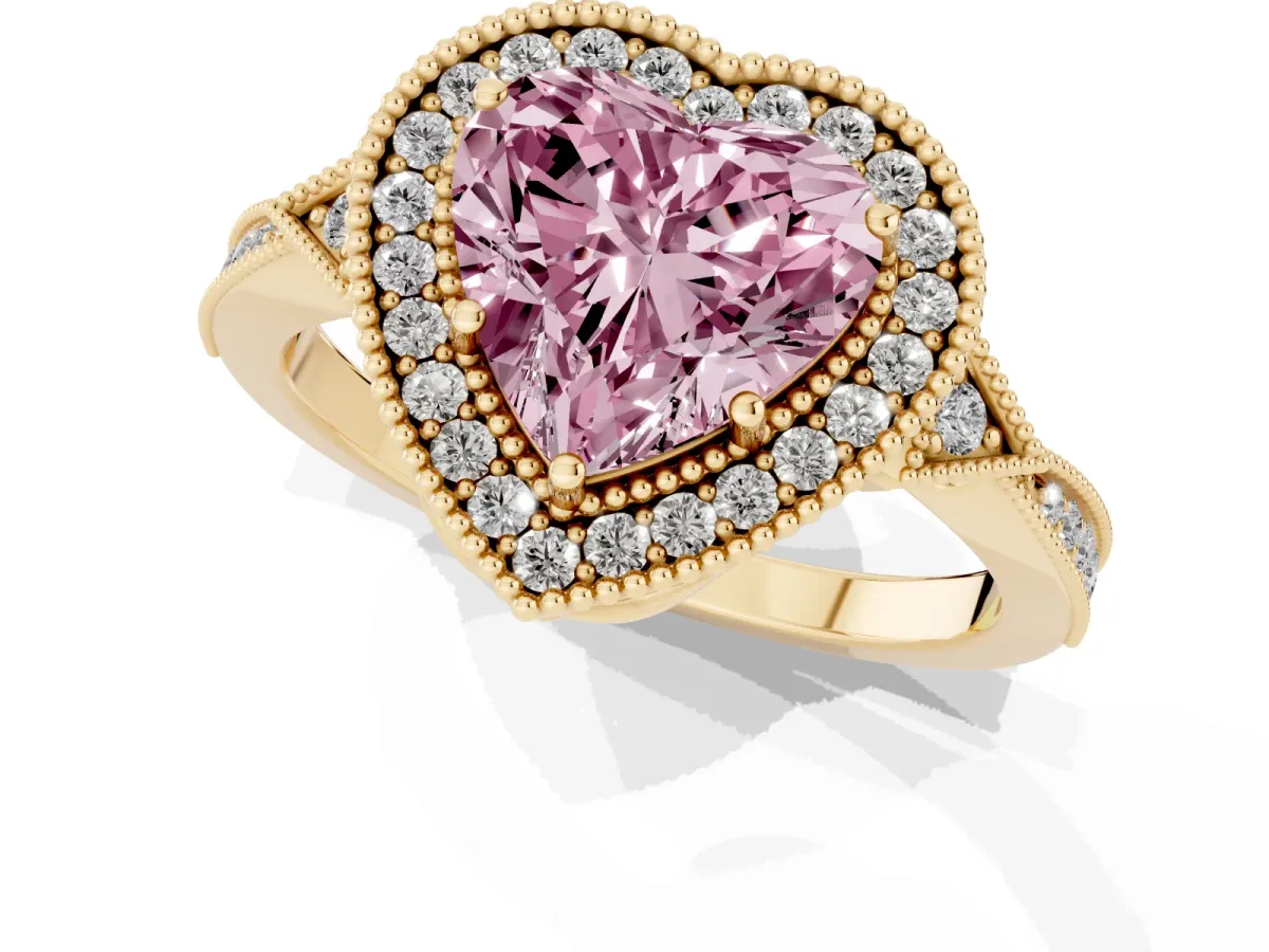 Fancy Pink Heart Cut Halo Round Diamond Milgrain Pave Engagement Ring Yellow gold