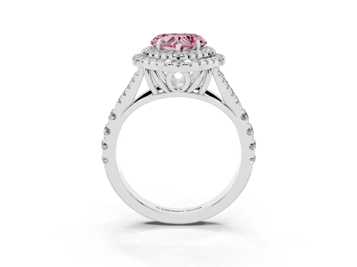 Fancy Pink Heart Cut Cut Double Halo Split Shank Diamond Ring with Prong Setting Platinum