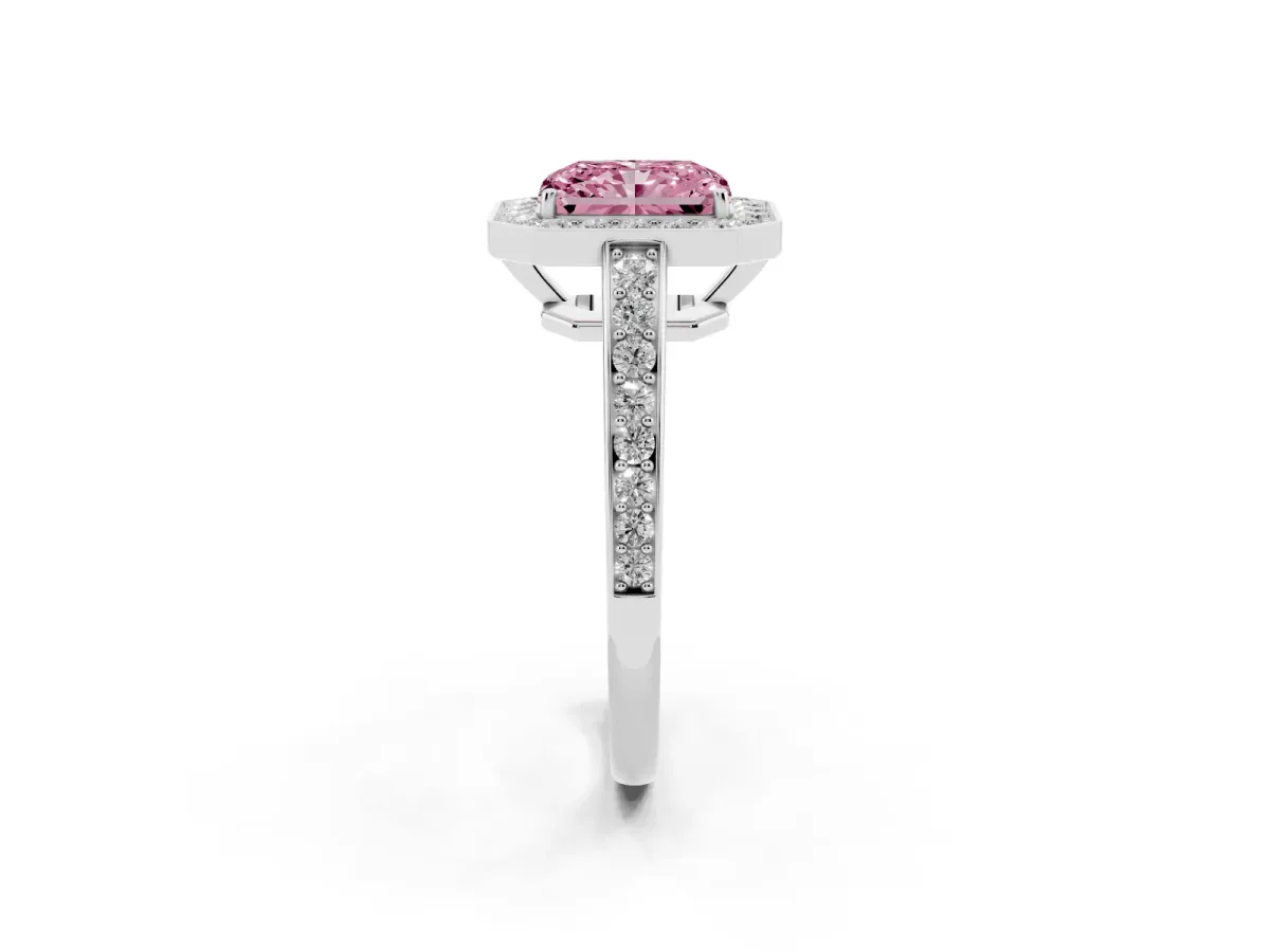 Fancy Pink Radiant Cut Halo Pavé Diamond Engagement Ring with Bezel Setting Silver