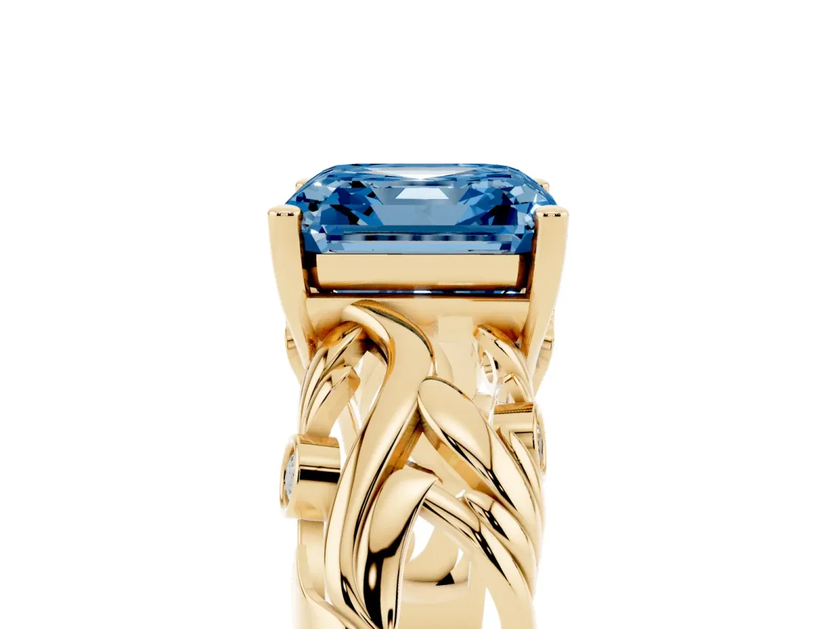 Fancy Blue Asscher Cut Solitaire Diamond Leaf-Inspired Vine Band Ring with Prong Setting Yellow gold