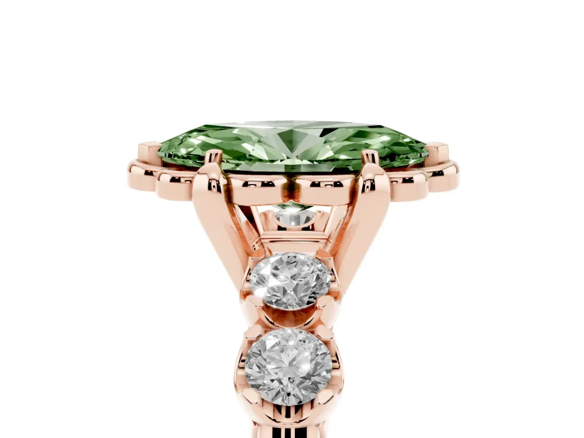 Fancy Green Marquise Cut Cut Diamond Floral Halo Engagement Ring with Shared Prong Setting Rose gold