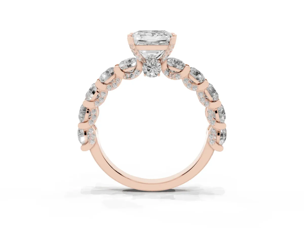 Princess Cut Diamond Side Stone Engagement Ring with Four-Prong Setting Rose gold