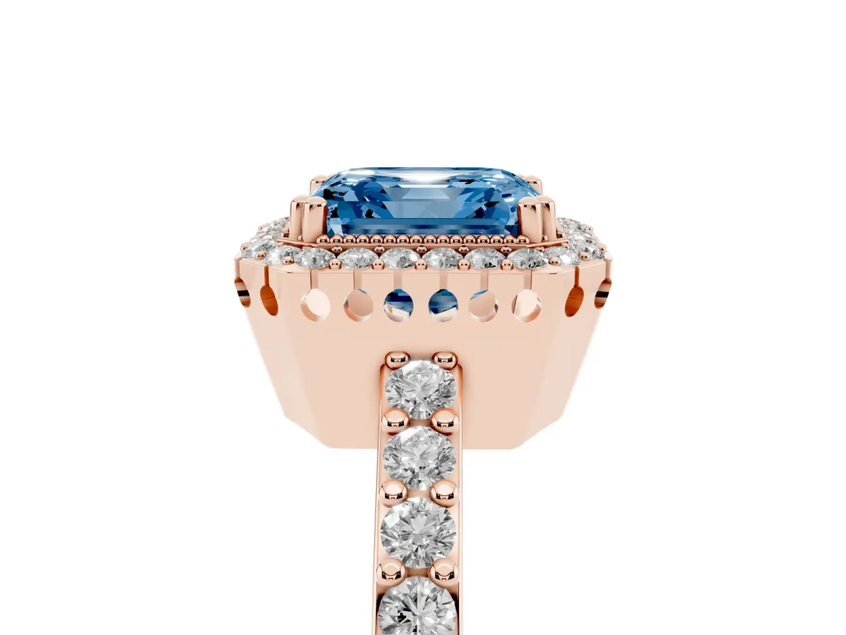 Fancy Blue Asscher Cut Cut Diamond Halo Engagement Ring with Milgrain Detail and Pavé Band Rose gold