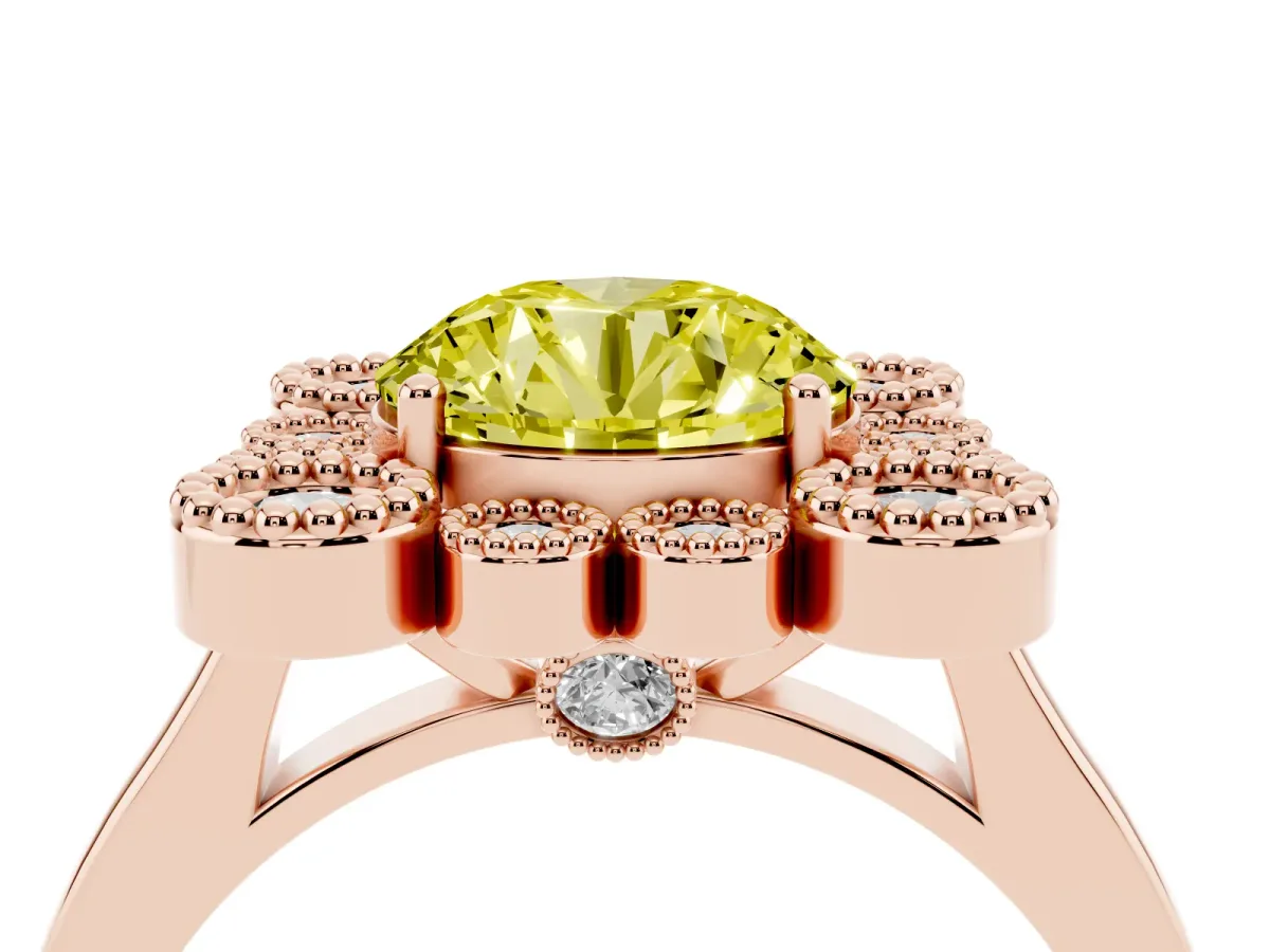 Fancy Yellow Round Cut Halo Diamond Cluster Engagement Ring with Milgrain Bezel Setting and Solitaire Band Rose gold