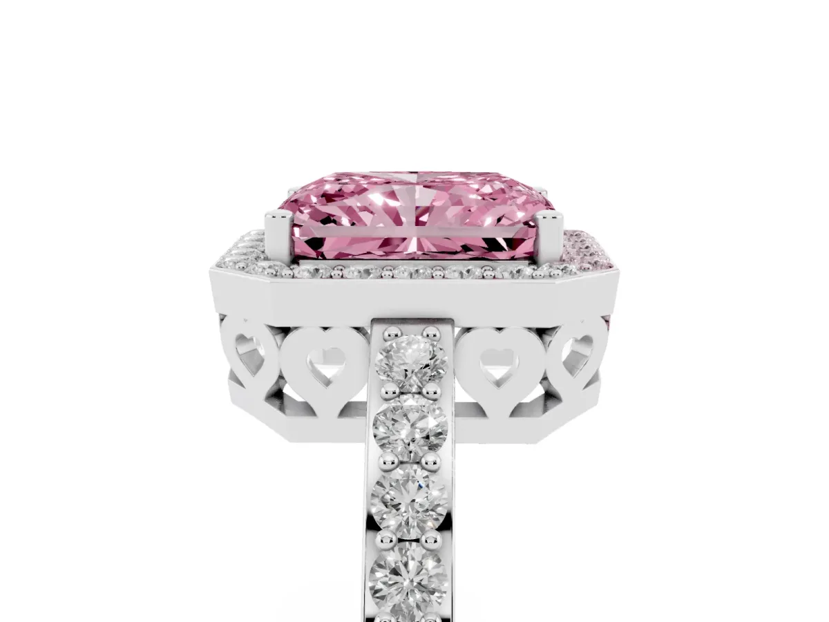 Fancy Pink Radiant Cut Halo Diamond Pavé Band Ring with Prong Setting Platinum