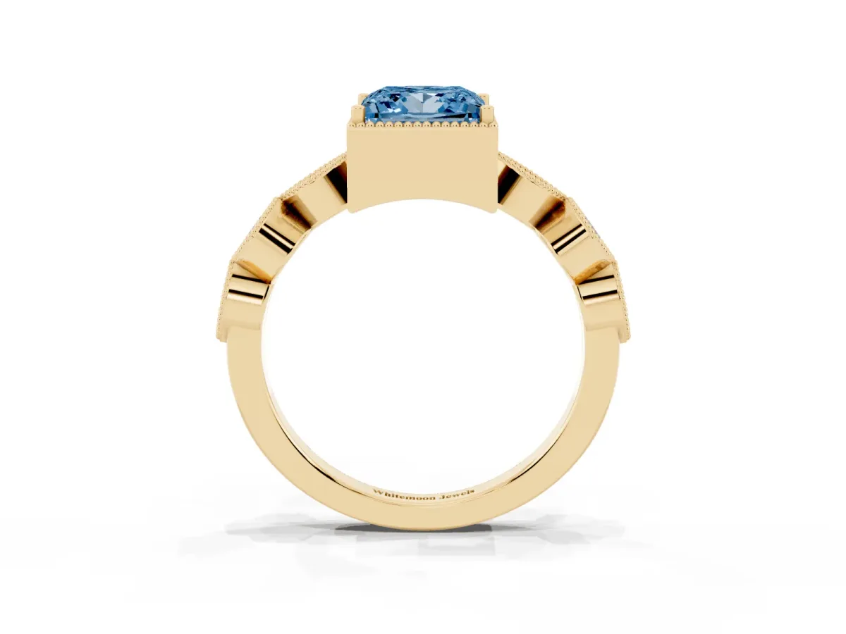 Fancy Blue Princess Cut Diamond Vintage Milgrain Ring with Round Stations Yellow gold