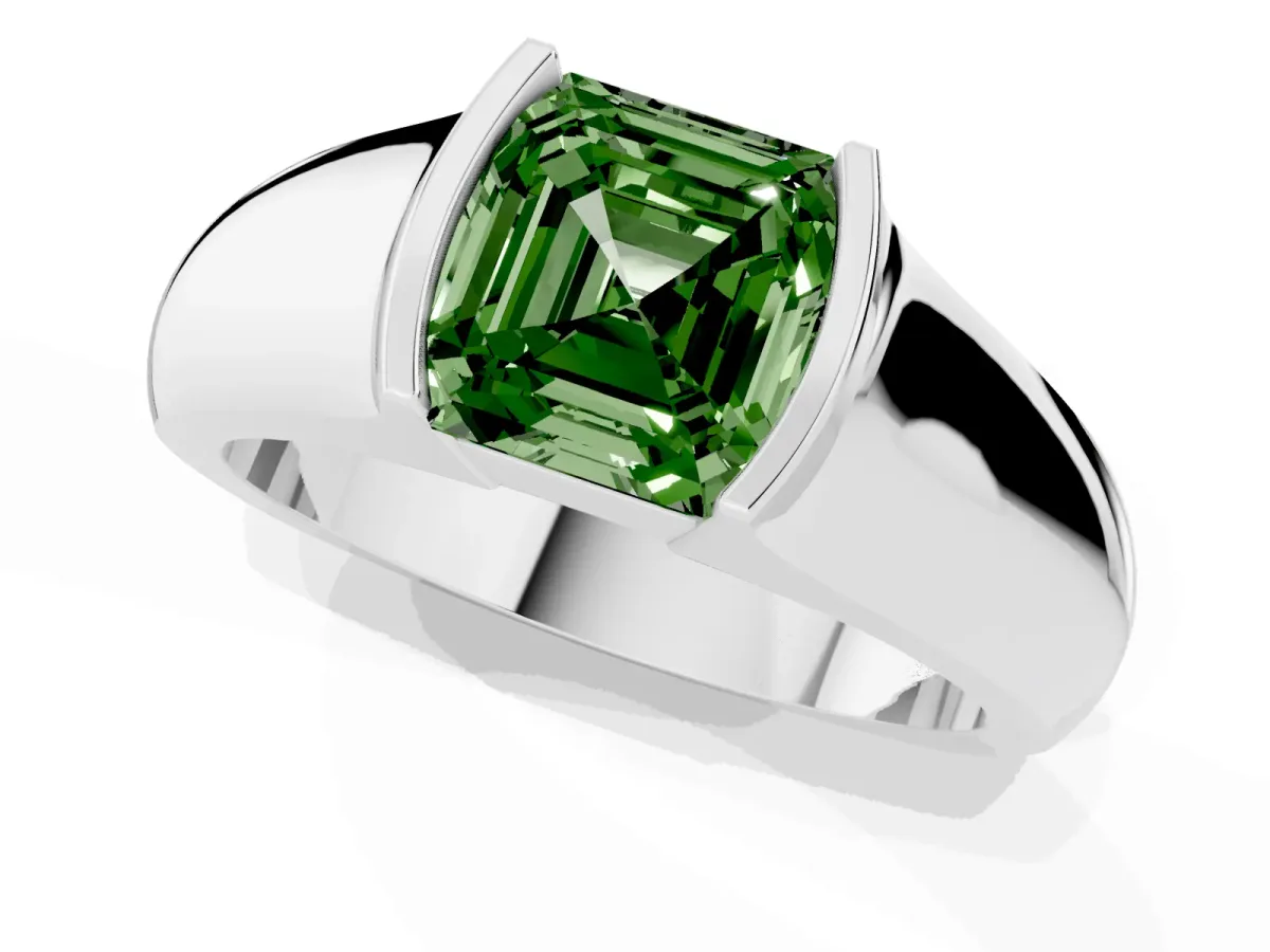 Fancy Green Asscher Cut Solitaire Bezel Set Diamond Ring with Wide Band Platinum
