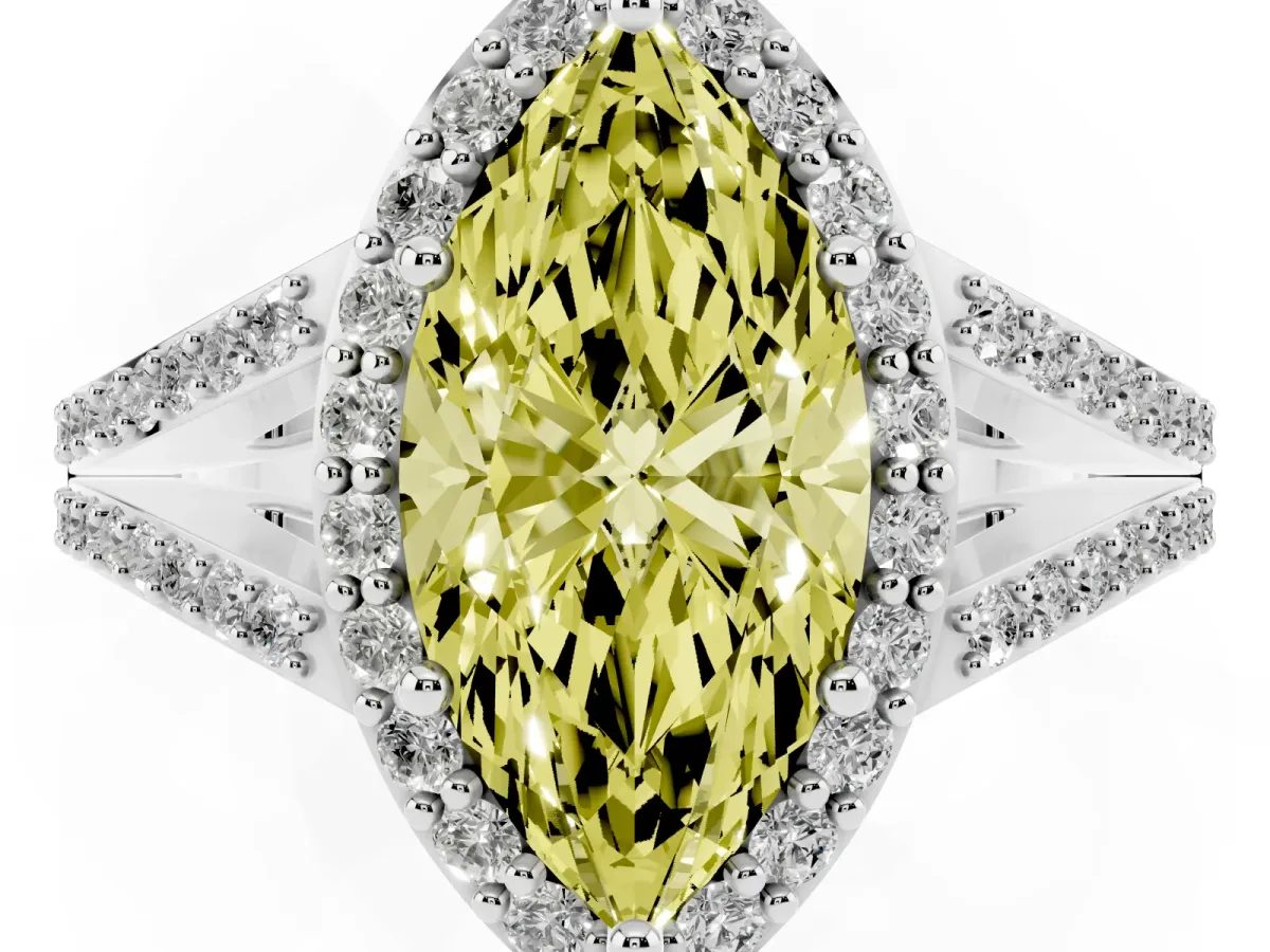 Fancy Yellow Marquise Cut Halo Split Shank Pave Diamond Ring with Four-Prong Setting Silver