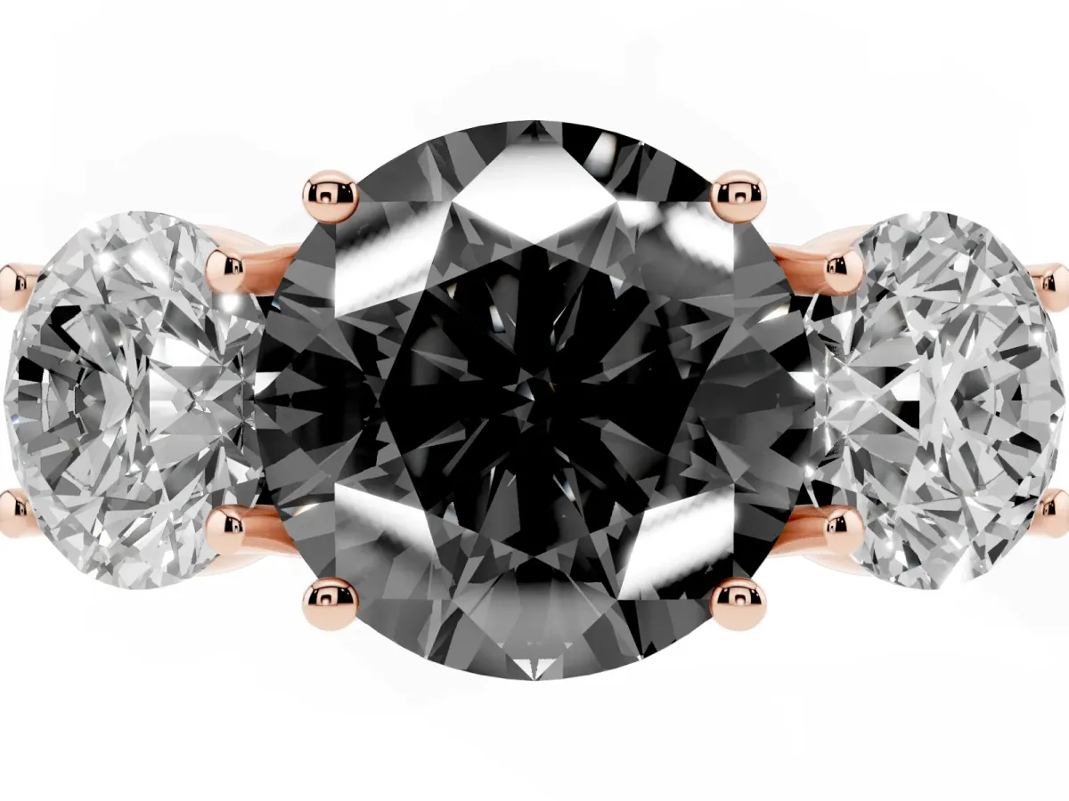 Fancy Black Three-Stone Round Cut Diamond Engagement Ring with Prong Setting Rose gold
