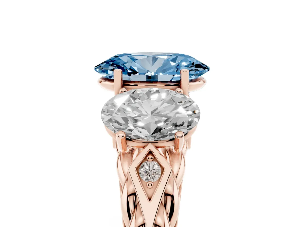 Fancy Blue Three-Stone Oval Cut Diamond Braided Band Ring with Four-Prong Setting Rose gold