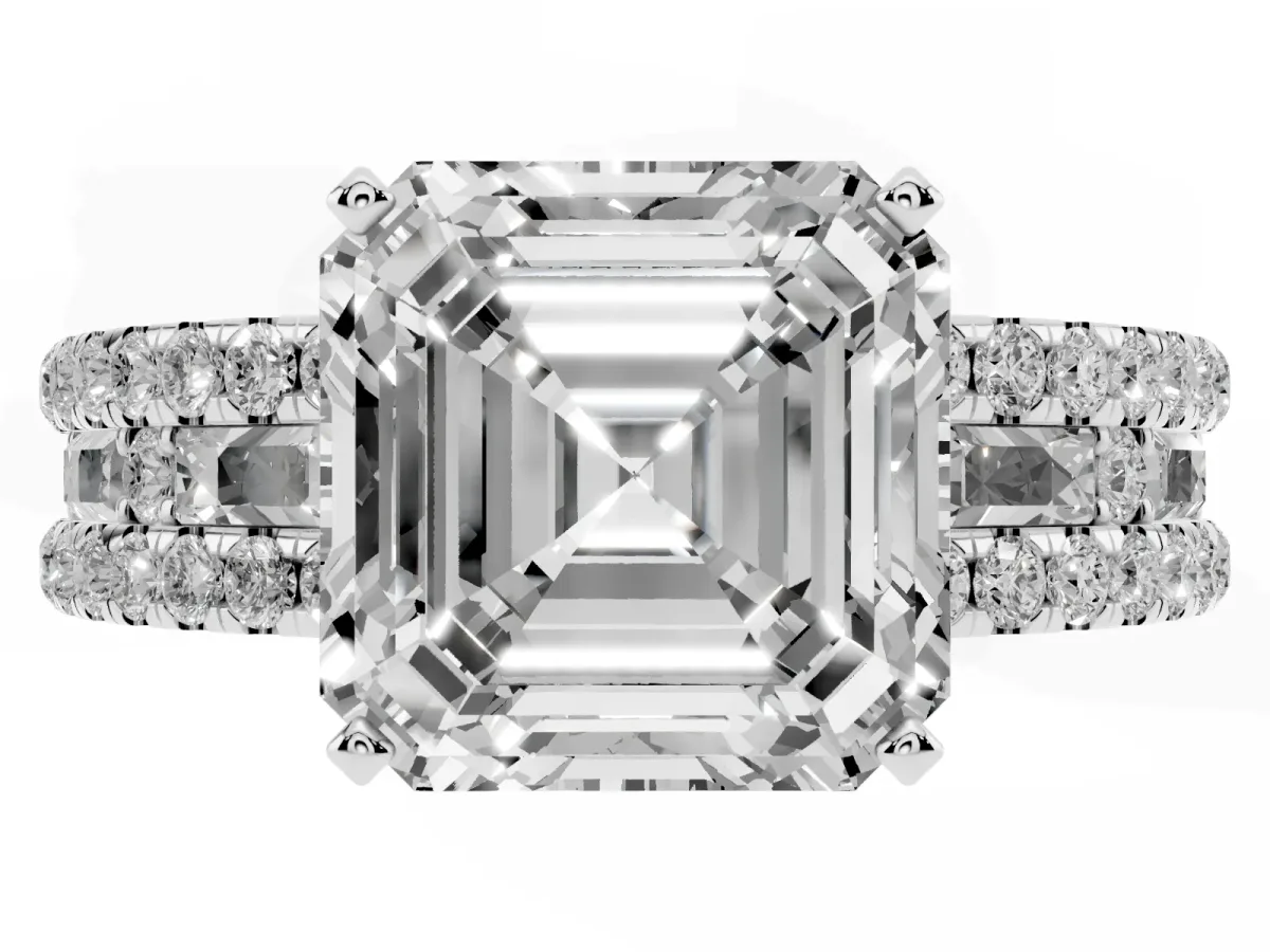 Asscher Cut Diamond Solitaire Ring with Pavé and Channel Set Band Silver