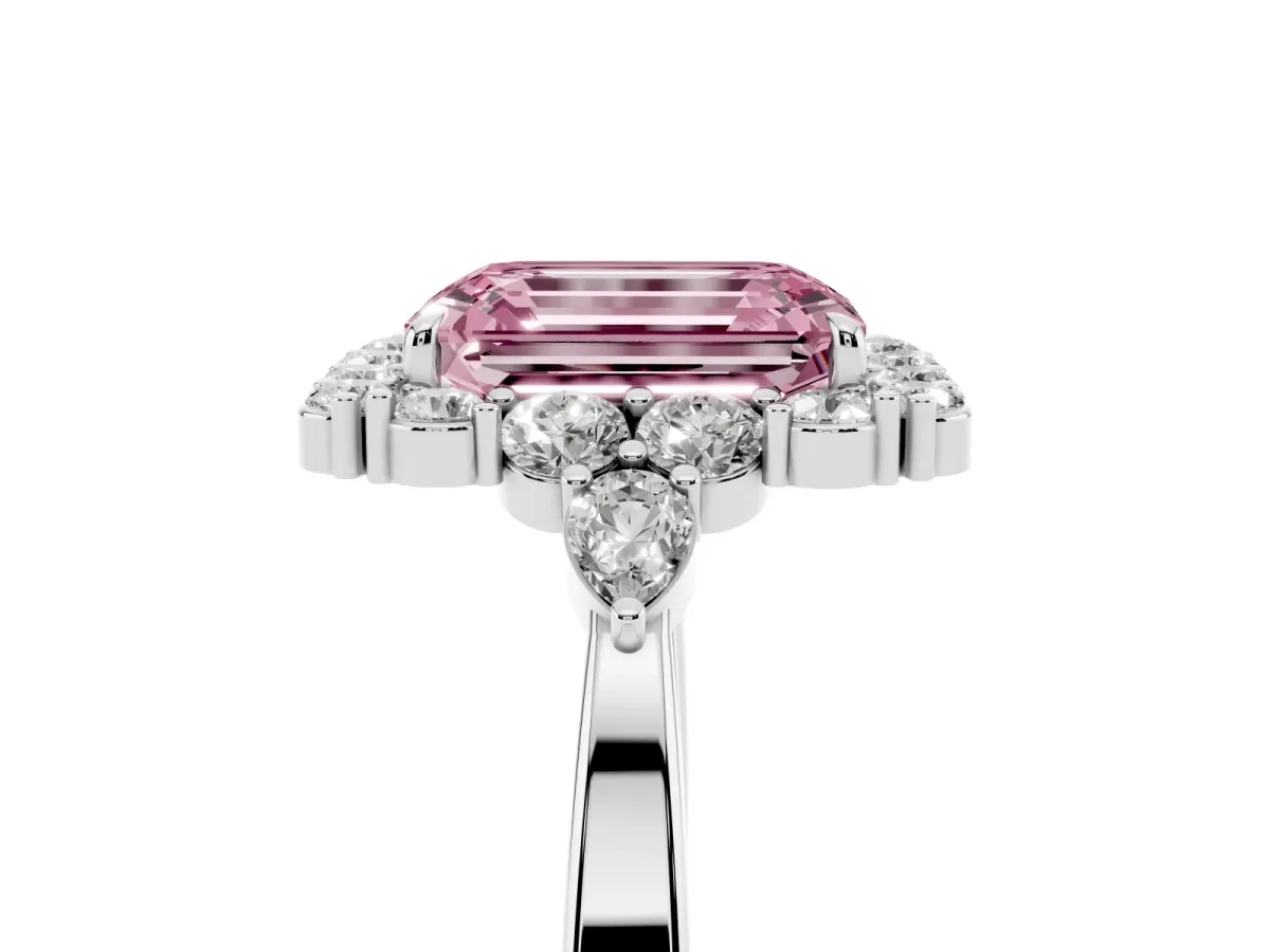 Fancy Pink Emerald Cut Diamond Halo Ring with Pear Side Stones and Prong Setting Silver