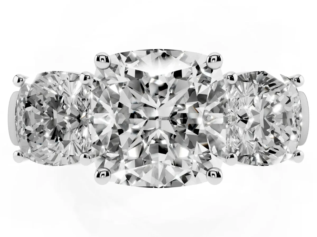 Three-Stone Cushion Cut Brilliant Diamond Trellis Ring with Comfort Fit Band White gold