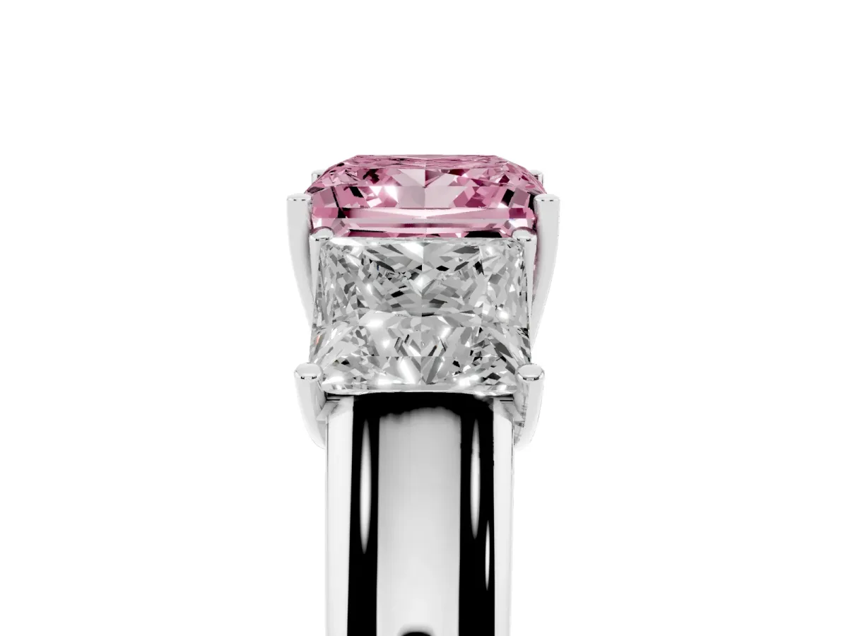 Fancy Pink Three-Stone Princess Cut Cut Diamond Ring with Prong Setting and Classic Band Silver