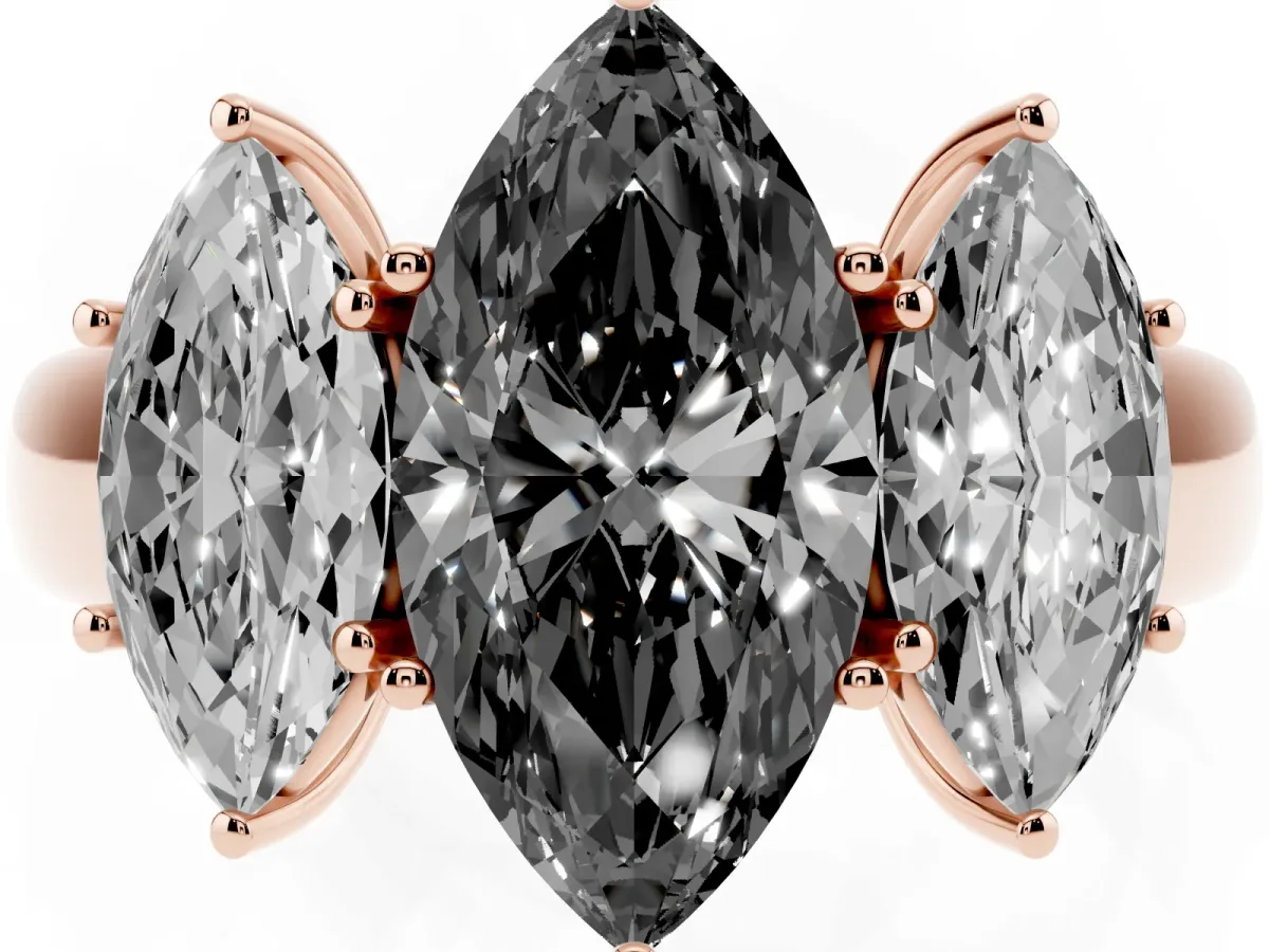 Fancy Black Three-Stone Marquise Cut Cut Diamond Ring with Prong Setting and Classic Band Rose gold