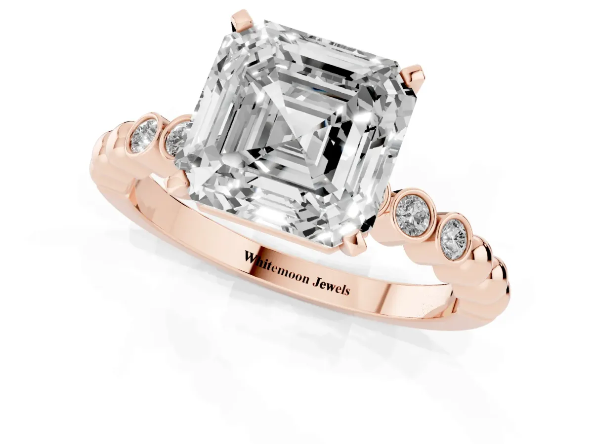 Asscher Cut Solitaire Bezel Accent Diamond Engagement Ring with Beaded Band and Four-Prong Setting Rose gold