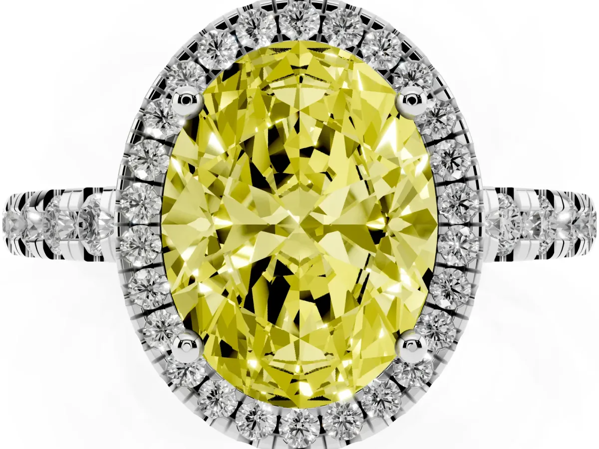 Fancy Yellow Oval Cut Diamond Halo Ring with Pavé Band and Four-Prong Setting White gold