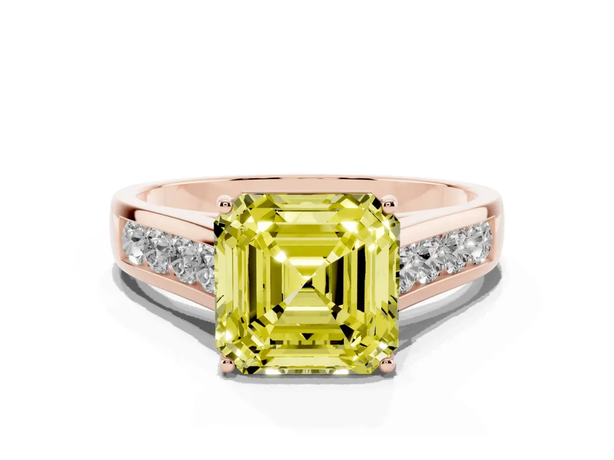 Fancy Yellow Asscher Cut Brilliant Channel-Set Solitaire Ring with Four-Prong Setting Rose gold