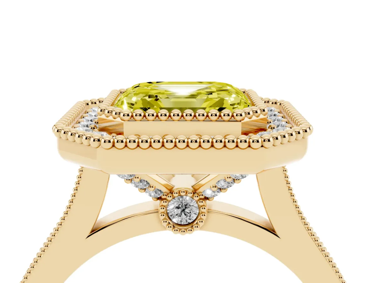 Fancy Yellow Asscher Cut Diamond Halo Ring with Milgrain Frame and Pavé Band Yellow gold