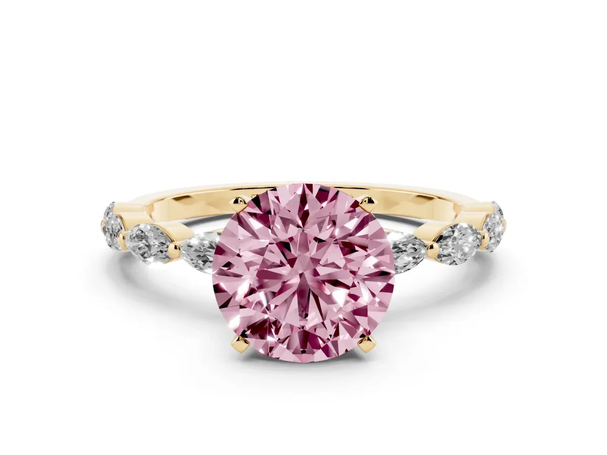 Fancy Pink Round Cut Diamond Ring with Marquise Side Stones and Prong Setting Yellow gold