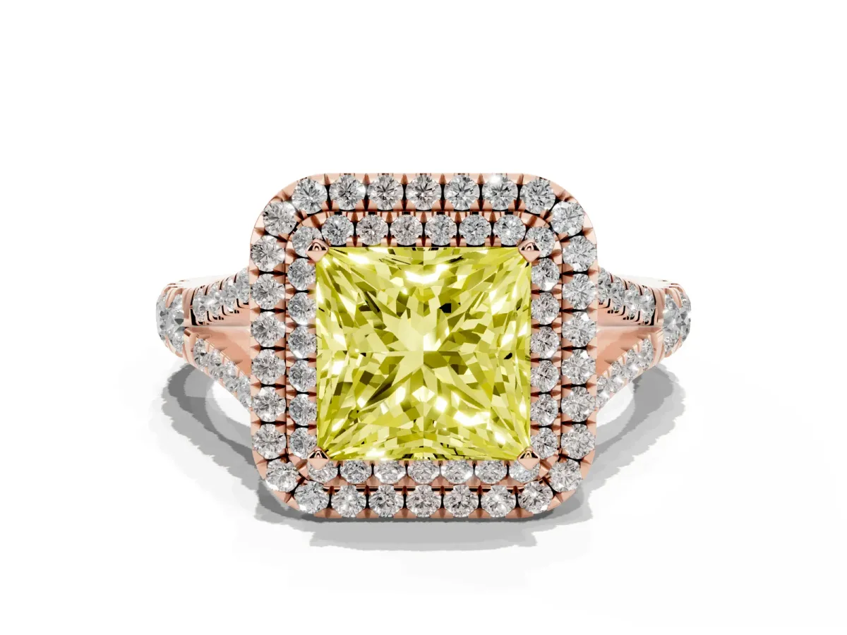 Fancy Yellow Princess Cut Diamond Double Halo Ring with Split Shank and Prong Setting Rose gold