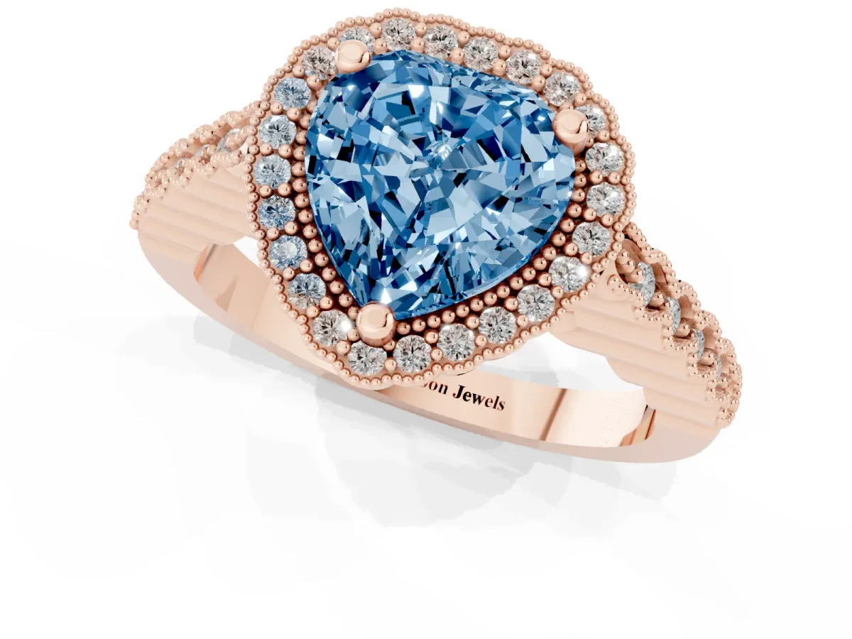 Fancy Blue Heart Cut Cut Halo Pavé Solitaire Ring with Milgrain Band Rose gold