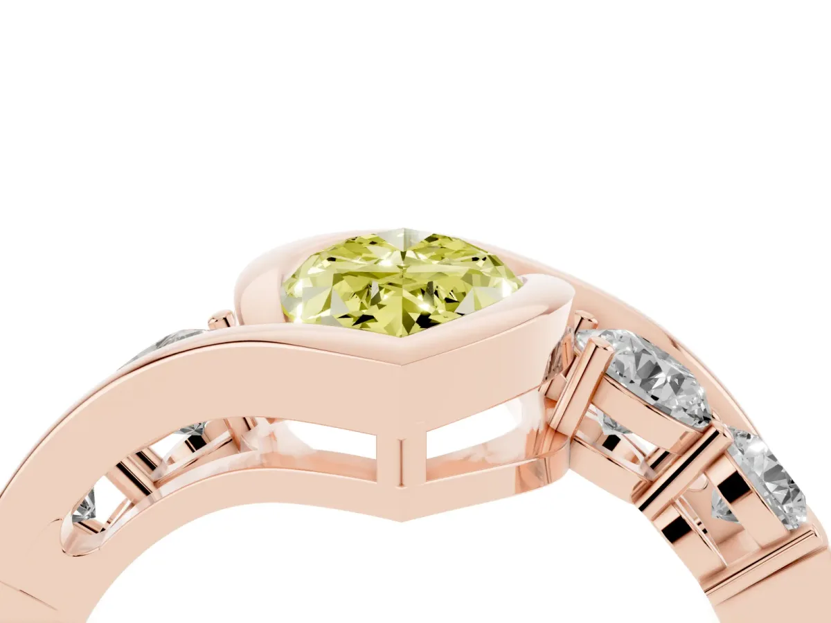 Fancy Yellow Bezel Set Marquise Cut Diamond Bypass Ring with Round Accents Rose gold