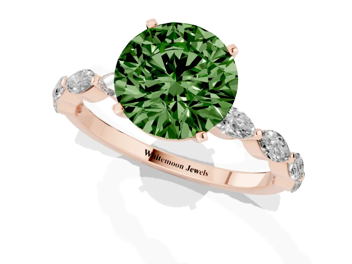 Fancy Green Round Cut Diamond Ring with Marquise Side Stones and Prong Setting Rose gold