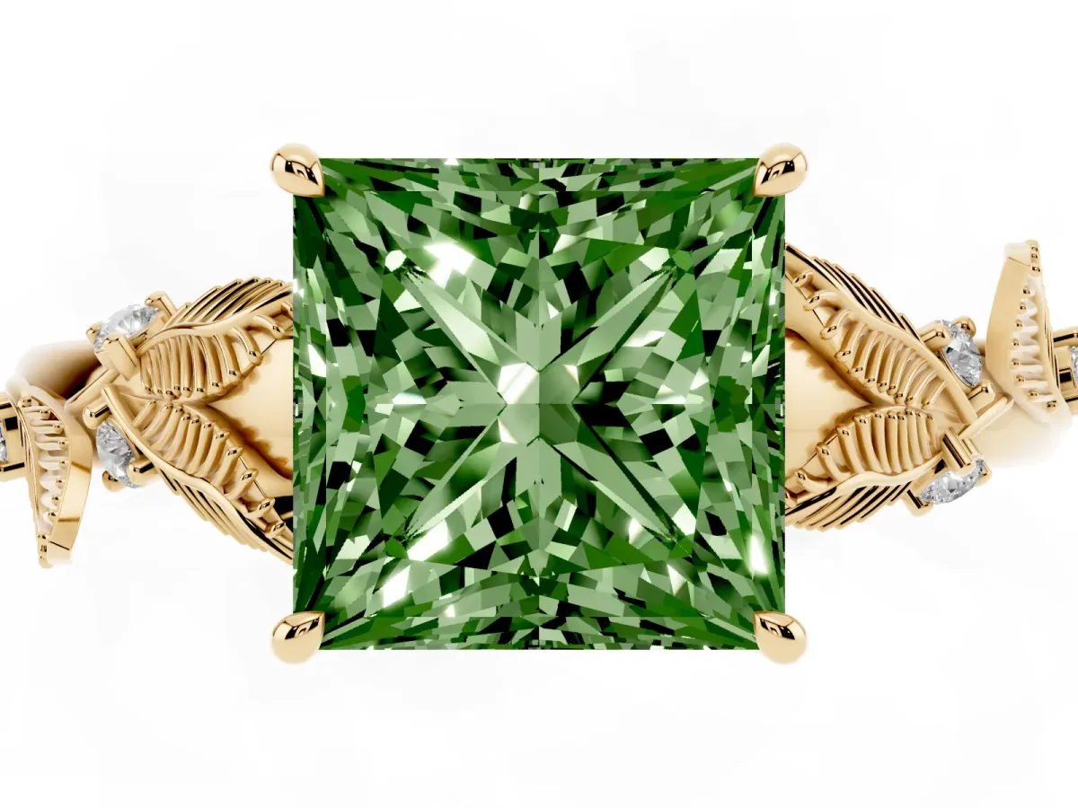 Fancy Green Princess Cut Diamond Solitaire Ring with Leaf Motif Band and Four-Prong Setting Yellow gold