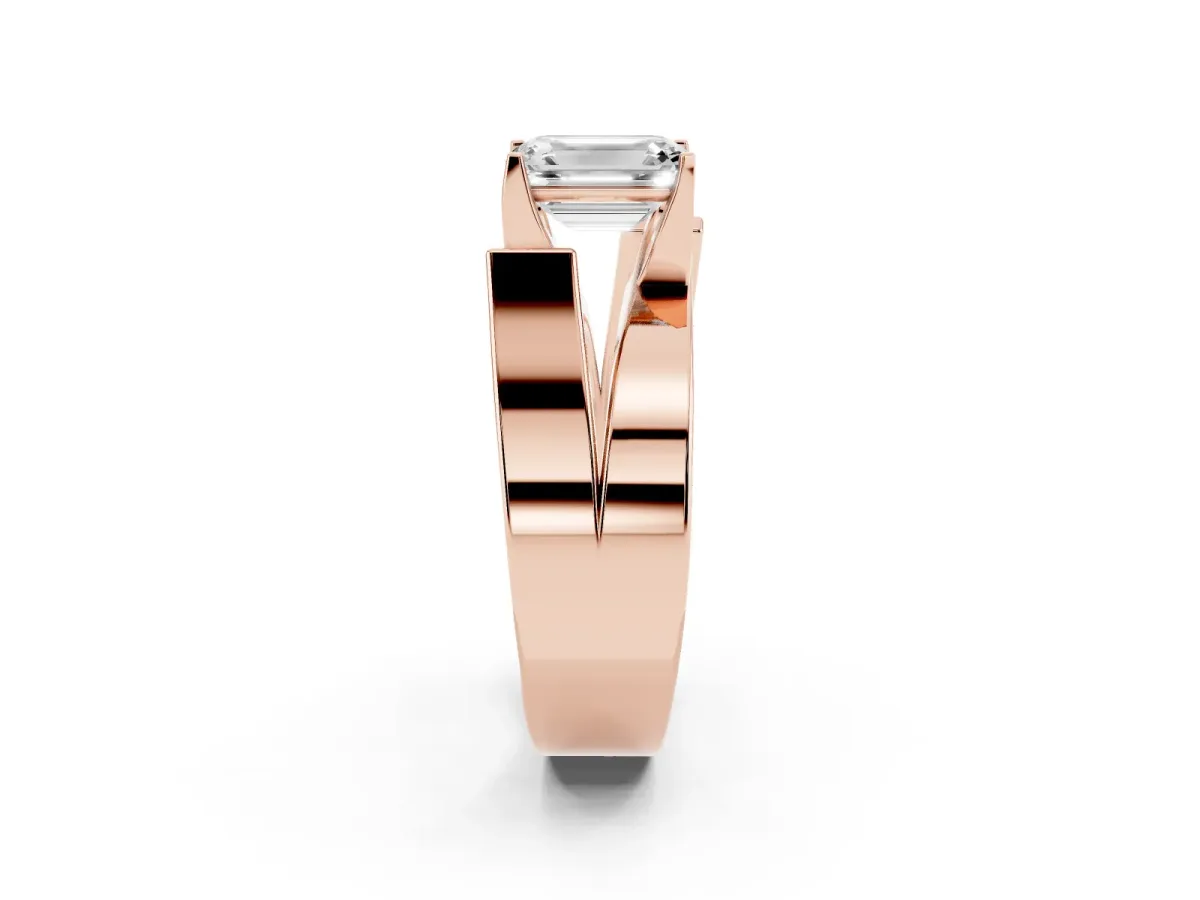 Modern Tension Set Emerald Cut Diamond Solitaire Wide Band Ring Rose gold