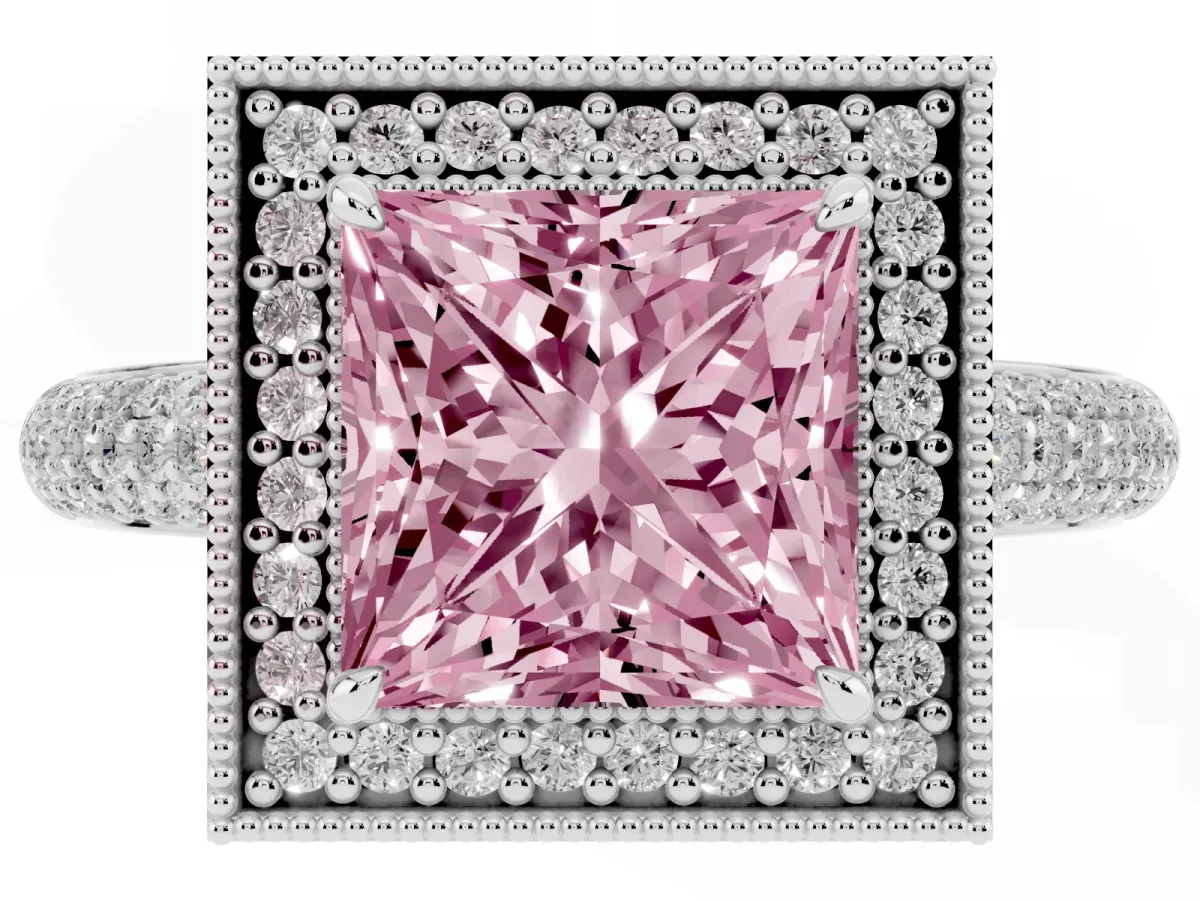Fancy Pink Princess Cut Cut Halo Diamond Pave Band with Four-Prong Setting Silver