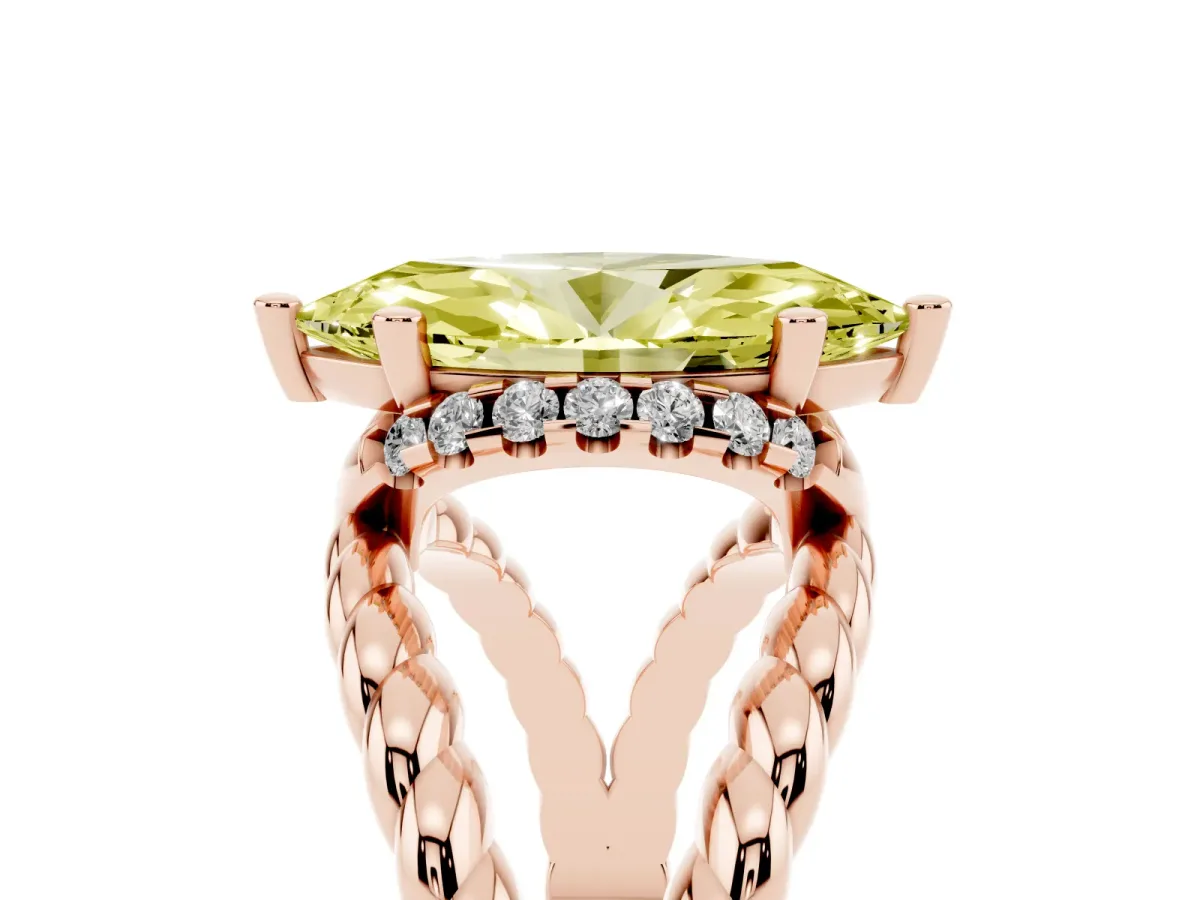 Fancy Yellow Marquise Cut Halo Twisted Band Four-Prong Ring Rose gold