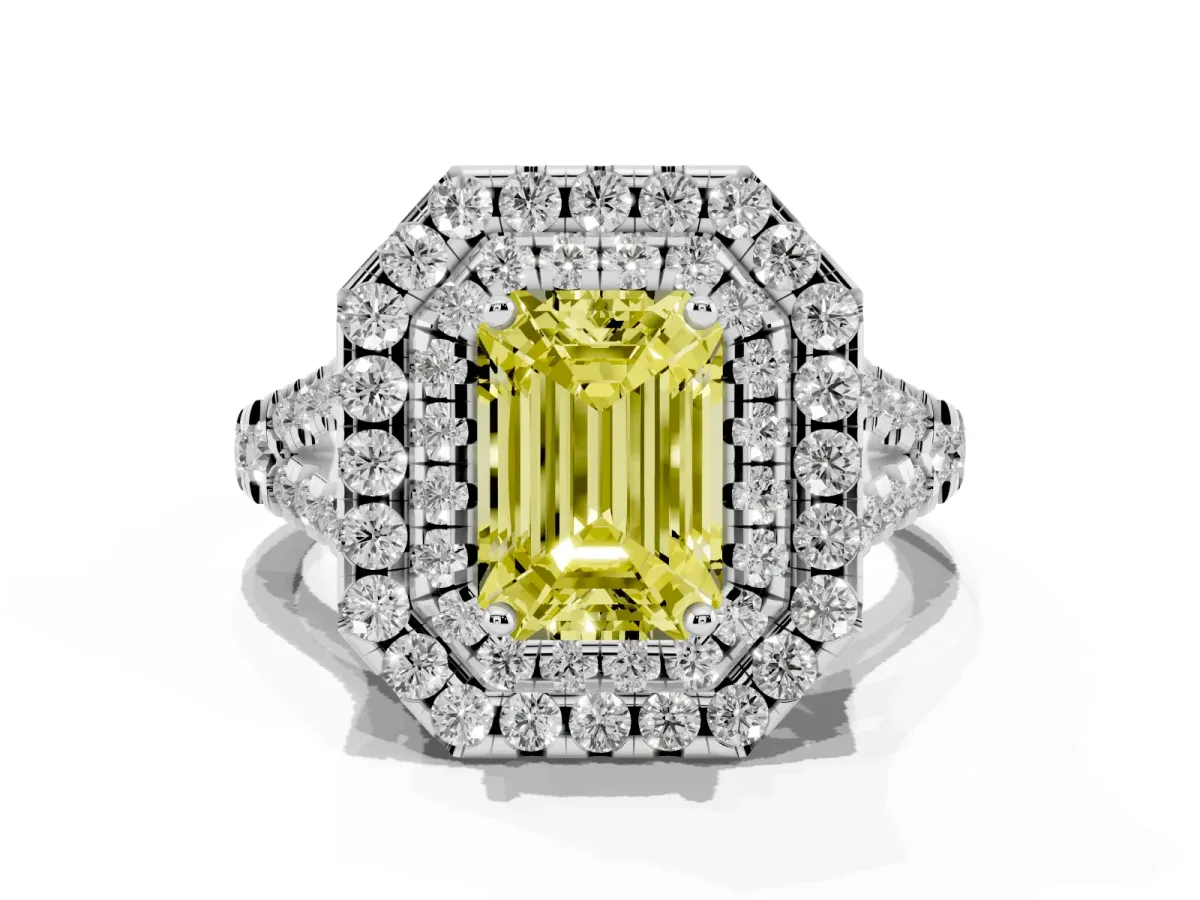 Fancy Yellow Double Halo Emerald Cut Diamond Pavé Split Shank Ring with Prong Setting White gold