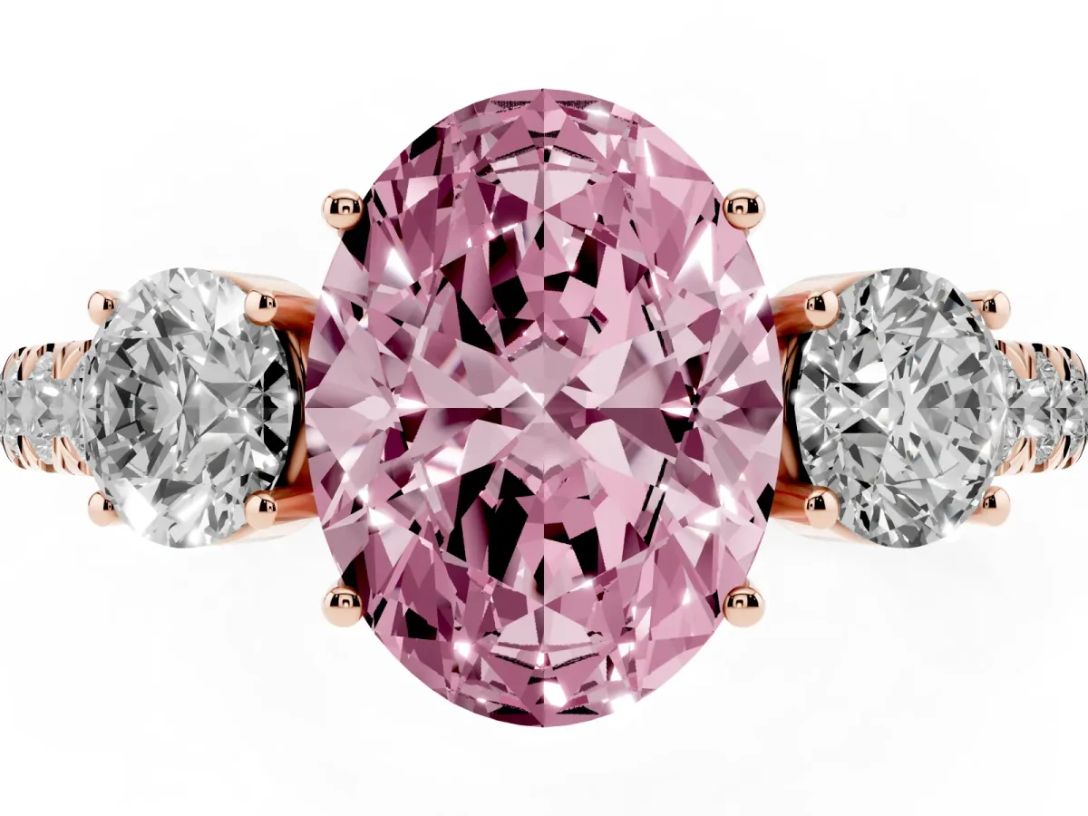 Fancy Pink Oval Cut Cut Diamond Three-Stone Ring with Round Side Stones and Pavé Band Rose gold