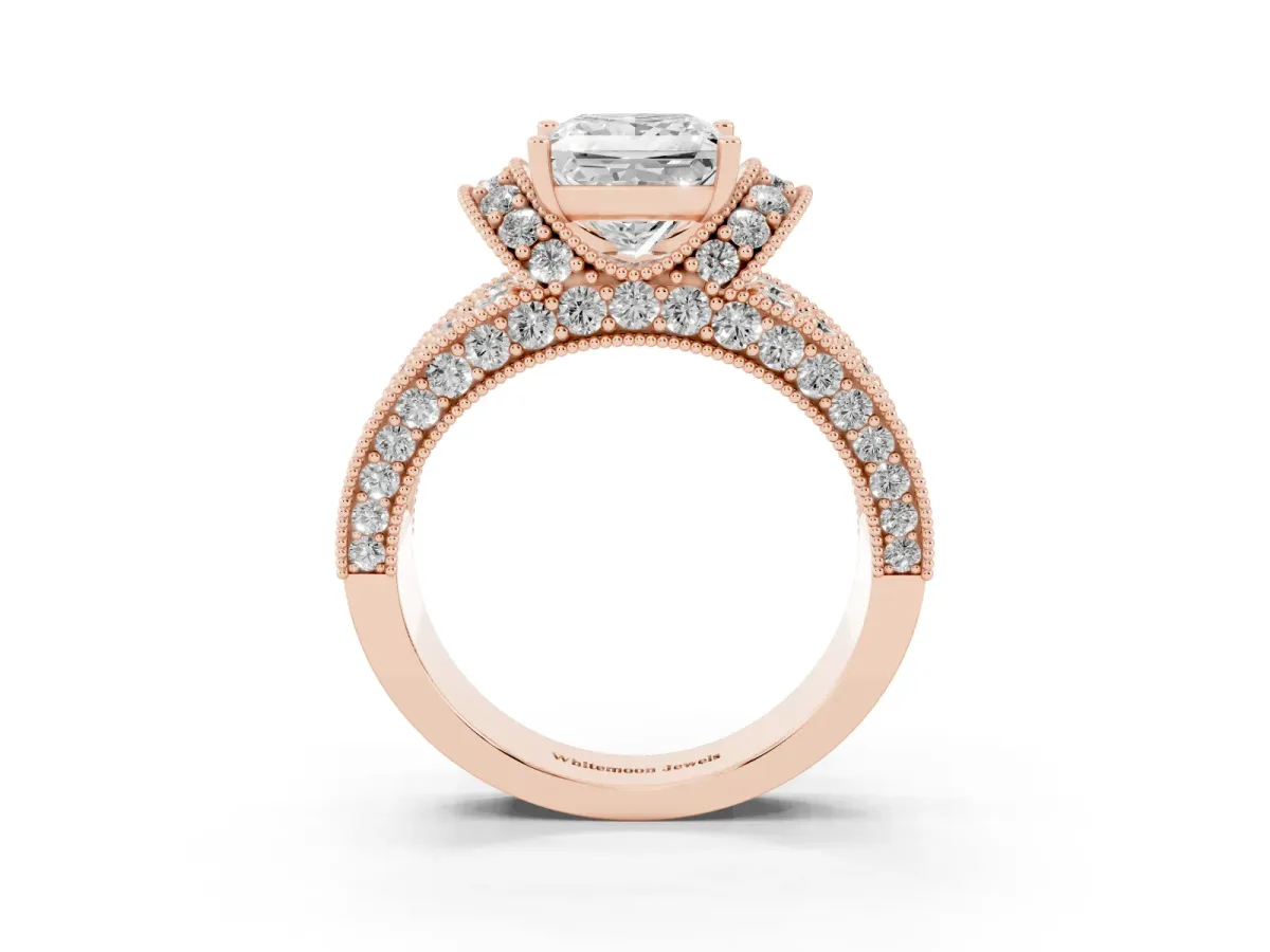 Princess Cut Halo Pave Diamond Engagement Ring with Milgrain Detailing Rose gold