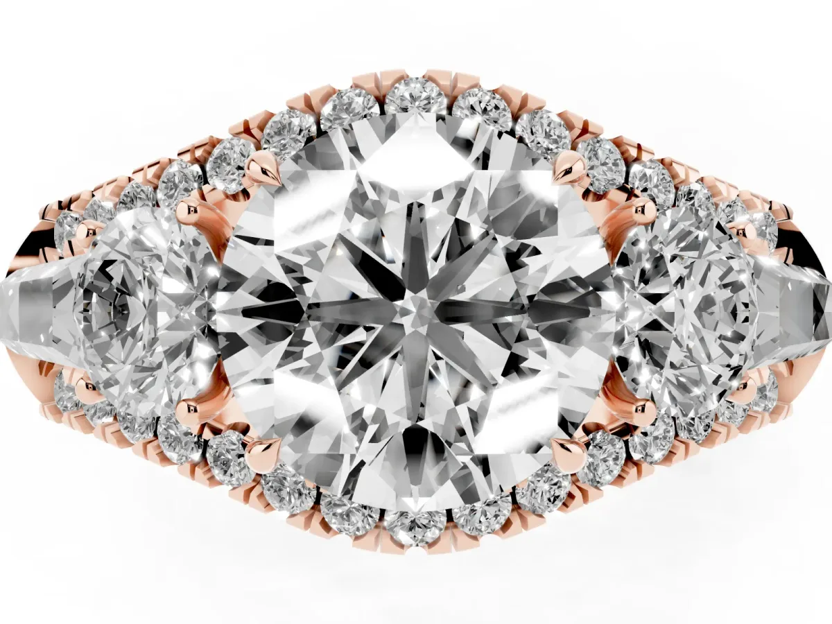Three-Stone Round Cut Diamond Engagement Ring with Pave Band and Prong Setting Rose gold