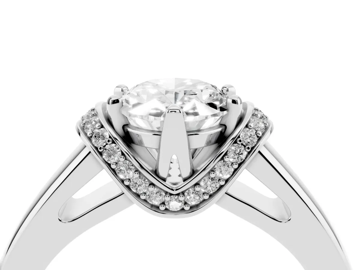 Oval Cut Solitaire Diamond Ring with Pave Band and Six-Prong Setting Silver