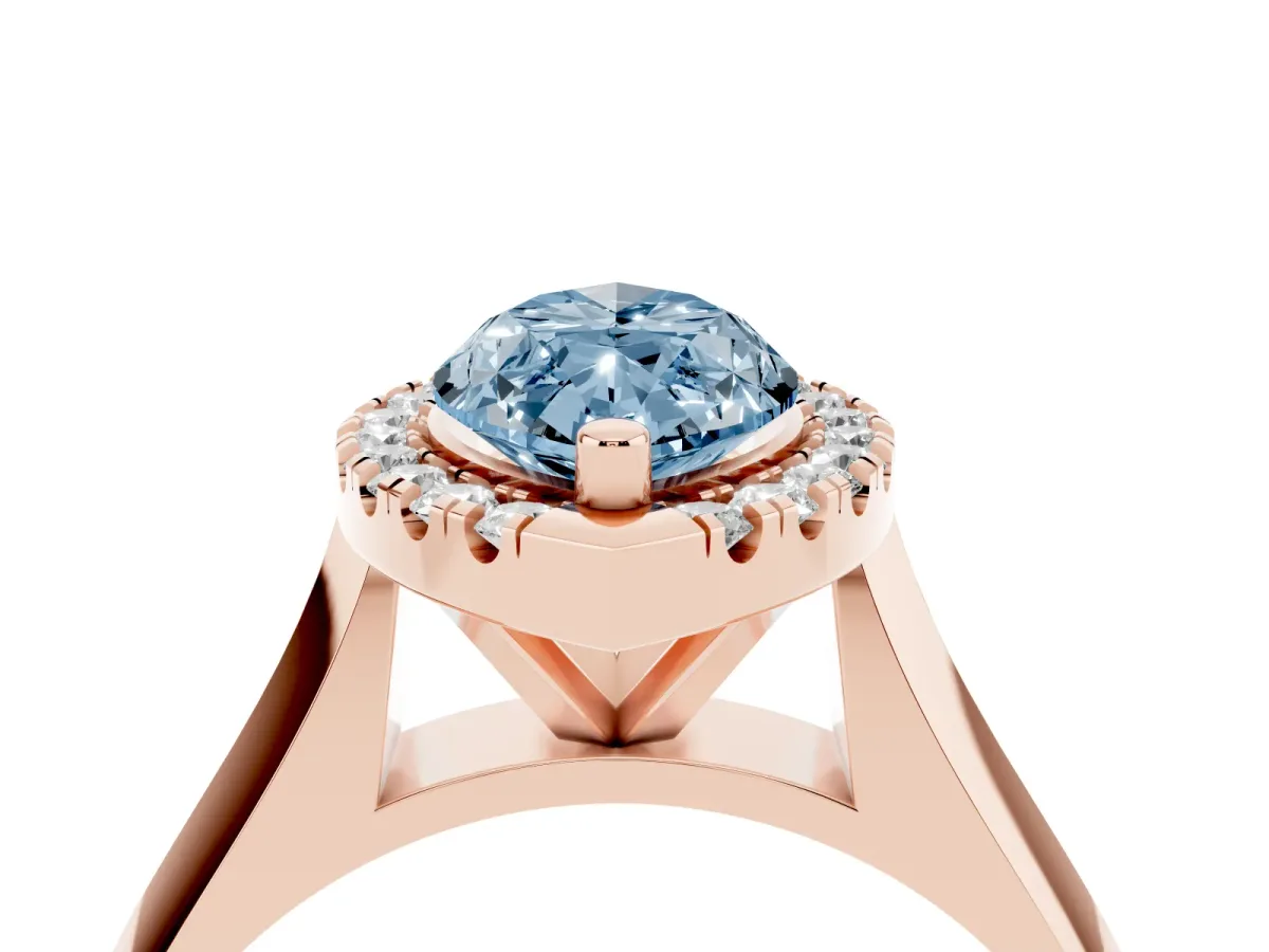 Fancy Blue Marquise Cut Cut Halo Solitaire Engagement Ring with Square Band and Four-Prong Setting Rose gold