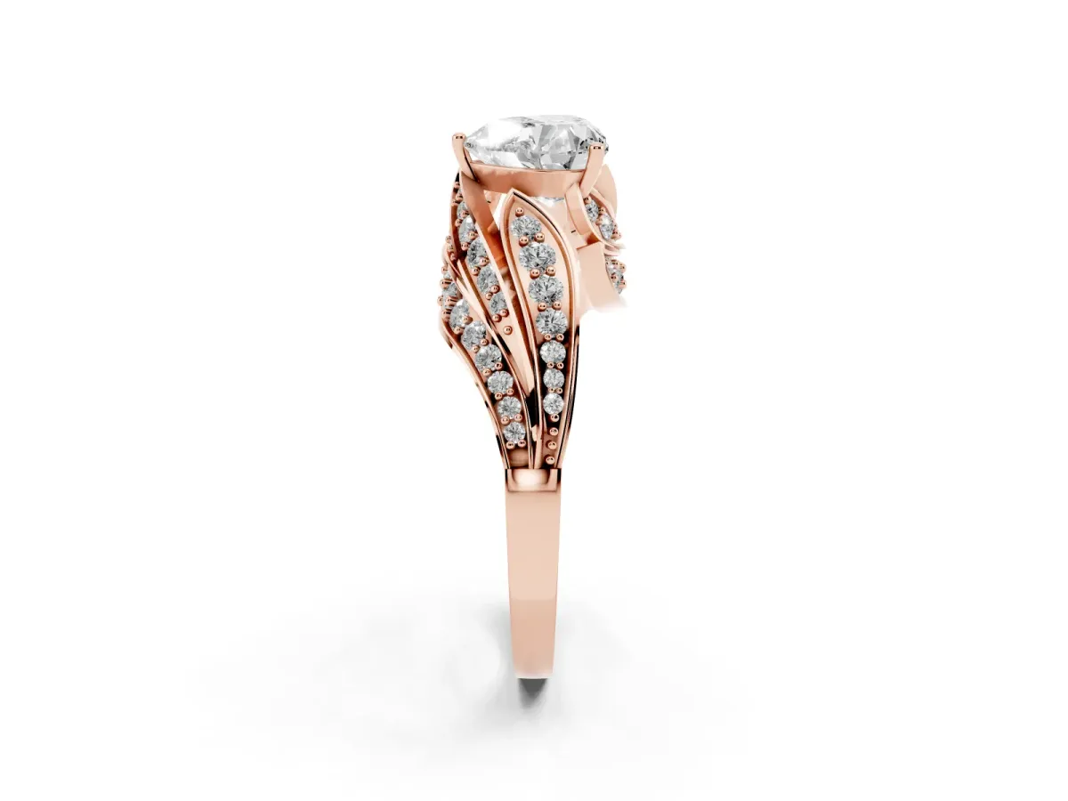Heart Cut Diamond Solitaire Ring with Prong Setting and Twisted Pavé Band Rose gold