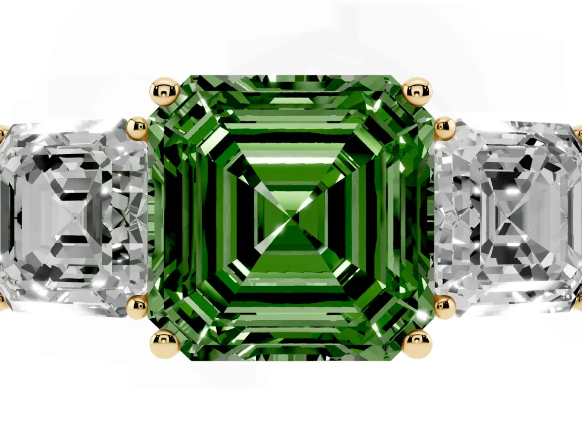 Fancy Green Three-Stone Asscher Cut Cut Diamond Engagement Ring with Flat Band and Four-Prong Setting Yellow gold