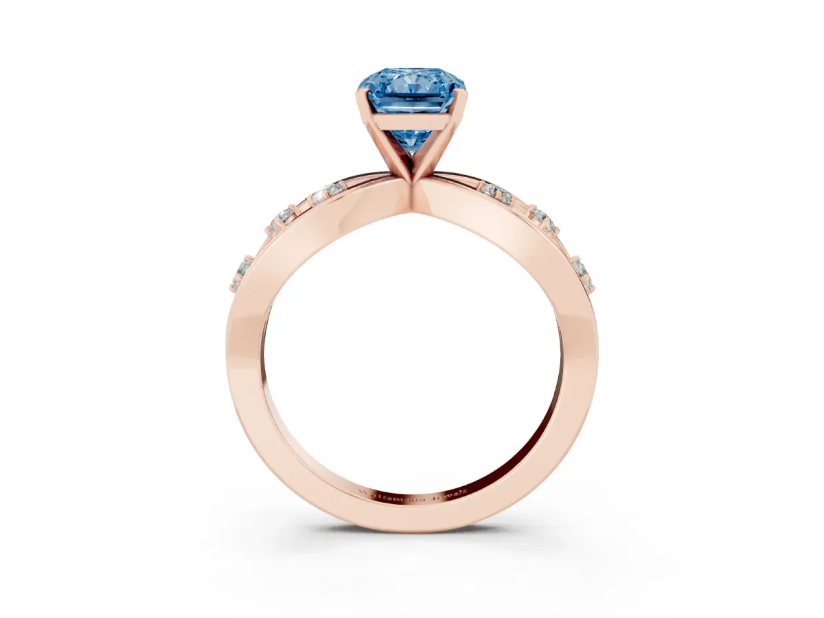 Fancy Blue Radiant Cut Cut Solitaire Diamond with Side Stones on Criss-Cross Band and Four-Prong Setting Rose gold