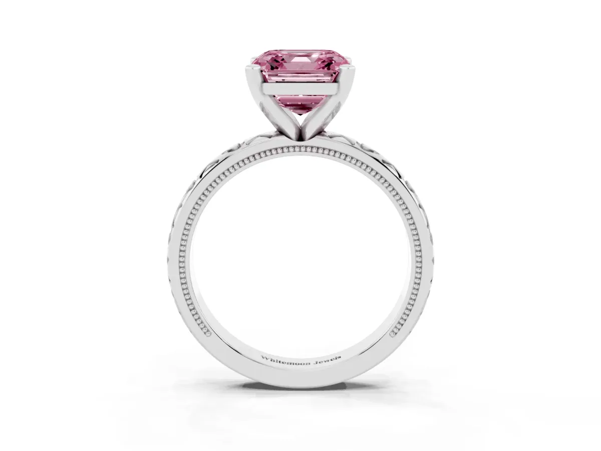 Fancy Pink Asscher Cut Solitaire Diamond Engagement Ring with XO Engraved Band and Four-Prong Setting Platinum